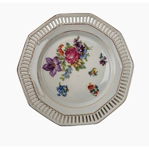 Schumann Small Plate Bavaria Floral Pattern Reticulated Gold Trim Vintage - Picture 9 of 10